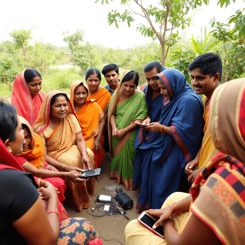 Rural Indian community gathering, village cooperative meeting, people collaborating, technology devices, empowerment, trust, green environment, documentary style photography